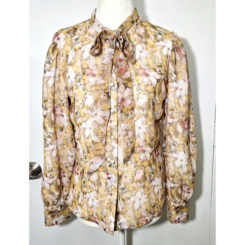 Udel New York Blouse Size S Yellow Floral High Neck Bow Button Up Long Sleeve